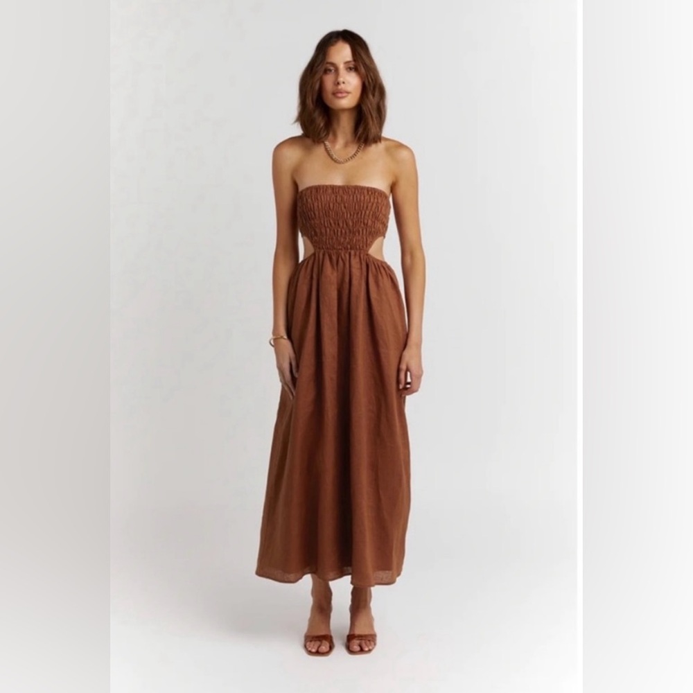 DISSH Nell Spice Linen Midi Strapless Dress